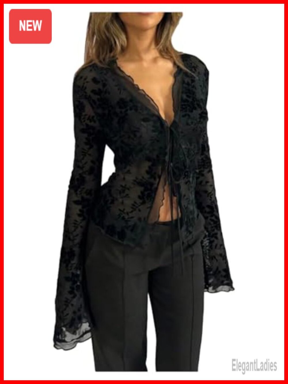 Women's Floral Mesh Tie Front V-Neck Long Sleeve Blouse
